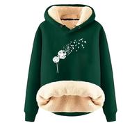 Generisch Felpa da donna per autunno e inverno con lettere inglesi e spesso isolamento in velluto, tinta unita, in lana d'agnello, con cappuccio, Verde scuro, 3XL