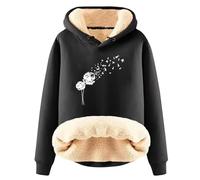 Generisch Felpa da donna per autunno e inverno con lettere inglesi e spesso isolamento in velluto, tinta unita, in lana d'agnello, con cappuccio, Nero , 4XL