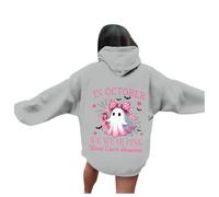 Generisch Felpa da donna rossa stampata con cappuccio da donna per il mese di coscienza del cancro al seno, giacche straordinarie da donna, grigio., S