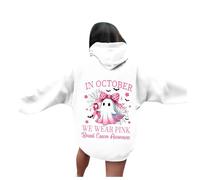 Generisch Felpa da donna rossa stampata con cappuccio da donna per il mese di coscienza del cancro al seno, giacche straordinarie da donna, bianco, 4XL