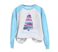 Generisch Felpa da donna senza maglione, con motivo albero di Natale da donna, con maniche lunghe e spalle, Azzurro, L