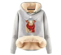Generisch Felpa da donna Sherpa con divertente motivo bovino - Calda felpa con cappuccio con sciarpa rossa per l'inverno | Grazioso maglione country per la stagione fredda, Stil_x09 Grigio, 4XL
