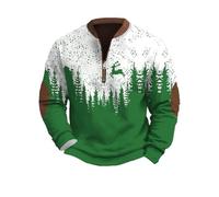 Generisch Felpa da uomo, alla moda, con stampa grafica natalizia, a maniche lunghe, con colletto alto, sottile, casual, morbido, confortevole, verde, XXL
