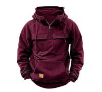 Generisch Felpa da uomo con cappuccio tattico stile cargo con cerniera a quarti a maniche lunghe, ideale per allenamento e palestra, look da giacca militare, streetwear alla moda., bordeaux, L