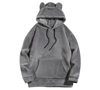 Generisch Felpa da uomo oversize in pile Teddy con orecchie d'orso, morbida felpa con cappuccio per un look streetwear, calda felpa con cappuccio invernale, Stil_b05 Grigio, L