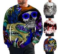 Generisch Felpa da uomo senza cappuccio, con stampa 3D, casual, a maniche lunghe, con teschio, maglione invernale, streetwear festival, Blu, XL