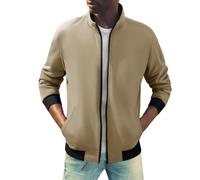 Generisch Felpa da uomo senza cappuccio, giacca autunnale, colletto alto, giacca sportiva per il tempo libero, slim fit, tinta unita, giacca da corsa, giacca invernale con tasche a vento, cachi, L