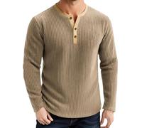 Generisch Felpa da uomo senza cappuccio, in pile, con bottoni a 1/4, a maniche lunghe, per autunno e inverno, maglia fine, a maniche lunghe, da lavoro, per lo sport, O kaki, L