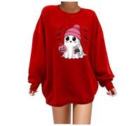 Generisch Felpa di Halloween, alla moda, a maniche corte, con stampa floreale, per la festa del giorno, con scollo rotondo, per gatti, Colore: rosso, XXL