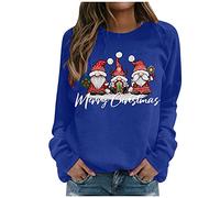 Generisch Felpa donna Felice Natale collo rotondo manica lunga stampa semplice top camicetta, Blu, L