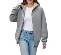 Generisch Felpa in pile con cappuccio da donna tinta unita con zip a maniche lunghe calda felpa oversize alla moda con cappuccio casual confortevole cappotti di transizione con tasche, Cenere Chiaro