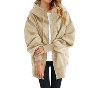 Generisch Felpa lunga da donna, con cappuccio, con cappuccio, per esterni, in pile, oversize, antivento, per autunno e inverno, con chiusura lampo, beige., xxl