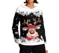 Generisch Felpa natalizia da donna con simpatica renna - Felpa con cappuccio con stampa a fiocchi di neve | Maglione festivo per il periodo invernale, Stil_r01 Nero, L