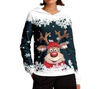 Generisch Felpa natalizia da donna con simpatica renna - Felpa con cappuccio con stampa a fiocchi di neve | Maglione festivo per il periodo invernale, Stil_r03 verde, S