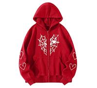Generisch Felpa termica da donna in stile gotico, con chiusura lampo, stampa a cuore, con cappuccio a maniche lunghe, con pratiche tasche per un look casual alla moda, Colore: rosso, L