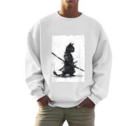 Generisch Felpa unisex con motivo gatto samurai, maglione in stile guerriero giapponese, a maniche lunghe con stampa Katana per gli amanti dei gatti, Stil_u05 Bianco, M