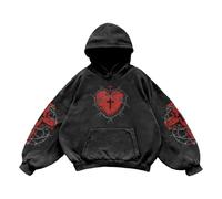 Generisch Felpa unisex oversize con motivo a cuore sacro - Felpa con cappuccio in stile gotico con stampa a spine | Maglione streetwear sbiadito, Stil_y01 Nero, L