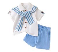 Generisch Frühling Sommer Mädchen Gestreiften Cape Beige Shirt + Shorts Preppy Stil 2 Stück Set (White, 4-5 Years)