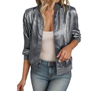 Generisch Giacca bomber da donna, corta Blouson, manica lunga, leggera, con glitter, tinta unita, per il tempo libero, giacca per la mezza stagione, brillante, per feste, abbigliamento da club