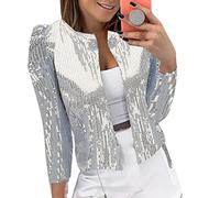 Generisch Giacca con brillantini, da donna, aperta, con paillette, a maniche lunghe, elegante, con brillantini, per feste, bolero, casual, con paillettes, cardigan leggero, argento, L