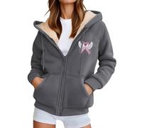 Generisch Giacca con cappuccio da donna con fiocco di cancro al seno, calda giacca in pile con nastro rosa e ali d'angelo, morbida felpa con cappuccio per sostenere e come segno di speranza, Stile y03