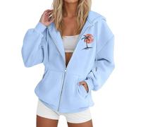 Generisch Giacca con cappuccio da donna con stampa albero, casual, a maniche lunghe, con coulisse, chiusura lampo, maglione da donna, Azzurro, L