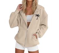 Generisch Giacca con cappuccio da donna con stampa albero, casual, a maniche lunghe, con coulisse, con chiusura lampo, maglione luminoso da donna, cachi, XL