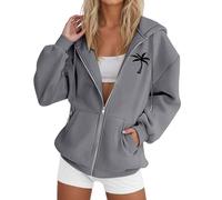 Generisch Giacca con cappuccio da donna con stampa albero, casual, a maniche lunghe, con coulisse, con chiusura lampo, maglione luminoso da donna, grigio., 3XL