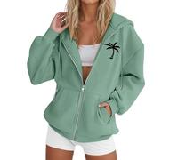 Generisch Giacca con cappuccio da donna con stampa albero, casual, a maniche lunghe, con coulisse, con chiusura lampo, maglione luminoso da donna, verde, 3XL