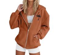 Generisch Giacca con cappuccio da donna con stampa albero, casual, a maniche lunghe, con coulisse, con chiusura lampo, maglione luminoso da donna, marrone, 3XL