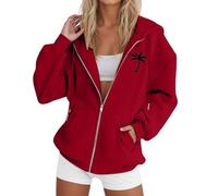 Generisch Giacca con cappuccio da donna con stampa albero, casual, a maniche lunghe, con coulisse, con chiusura lampo, maglione luminoso da donna, Colore: rosso, XL
