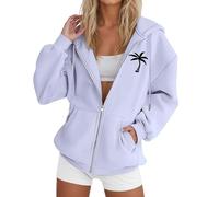Generisch Giacca con cappuccio da donna con stampa albero, casual, a maniche lunghe, con coulisse, con chiusura lampo, maglione luminoso da donna, grigio chiaro., XL