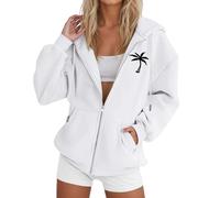 Generisch Giacca con cappuccio da donna con stampa albero, casual, a maniche lunghe, con coulisse, con chiusura lampo, maglione luminoso da donna, bianco, XL
