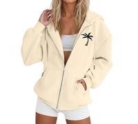 Generisch Giacca con cappuccio da donna con stampa albero, casual, a maniche lunghe, con coulisse, con chiusura lampo, maglione luminoso da donna, beige., XL