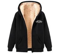 Generisch Giacca con cappuccio in pile pesante per l'inverno, calda foderata, cappotto aperto con tasche, abbigliamento esterno in caso di freddo, Nero , M