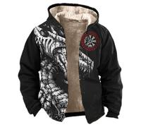 Generisch Giacca con cappuccio vichingo, da uomo, in pile, mitologia nordica, invernale, giacca termica medievale, foderata, slim fit, cappotto di lana caldo monopetto, Nero , L