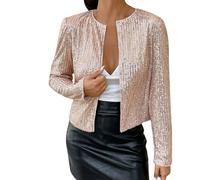 Generisch Giacca da donna con paillettes lucide e paillettes, a maniche lunghe, cardigan, top corto, elegante blazer glitterato, abbigliamento da discoteca, senza bottoni, giacca bolero, oro rosa
