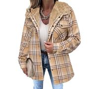 Generisch Giacca da donna in lana herpa con cappuccio, maniche lunghe e bottoni, giacca a scacchi da donna, caldo autunno inverno, cachi, M