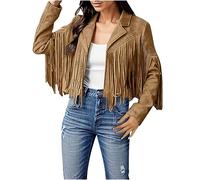 Generisch Giacca da donna in pelle scamosciata con nappe alla moda con frange come cappotto corto casual in stile moto per un aspetto attento alla moda, marrone, 3XL