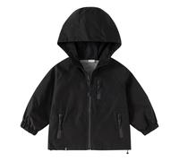 Generisch Giacca da mezza stagione per bambini e bambine, antivento, con cappuccio, per ragazzi e ragazze, 3-14 anni, tinta unita, tasche multiple, Nero , 120