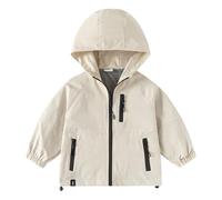 Generisch Giacca da mezza stagione per bambini e bambine, antivento, con cappuccio, per ragazzi e ragazze, 3-14 anni, tinta unita, tasche multiple, beige., 120