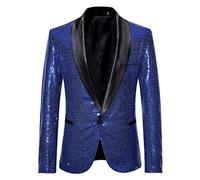 Generisch Giacca da uomo con paillette, con brillantini, slim fit, da sposa, a maniche lunghe, da discoteca, da uomo, per matrimoni e feste, abbigliamento formale da uomo, O blu scuro, XL