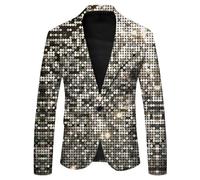 Generisch Giacca da uomo con paillette, design casual, alla moda, abbigliamento da palcoscenico, elegante giacca, argento, L