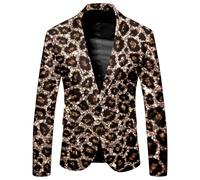Generisch Giacca da uomo con stampa leopardata, blazer risvolti, a maniche lunghe, da lavoro, con stampa vintage, con blazer stampato, senza pieghe, non necessita di stiratura, caffè, L
