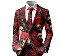 Generisch Giacca da uomo per Halloween, slim fit, per il tempo libero, con un bottone, a maniche lunghe, con teschio, rosa, con stampa sanguinosa, elegante e spaventoso, O nero., L