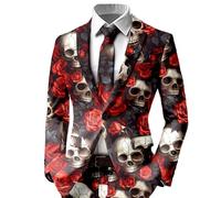 Generisch Giacca da uomo per Halloween, slim fit, per il tempo libero, con un bottone, a maniche lunghe, con teschio, rosa, con stampa sanguinosa, elegante e spaventoso, P rosso., 3XL