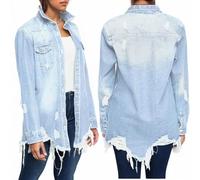 Generisch Giacca di jeans da donna a maniche lunghe, in denim strappato, stile retrò, oversize, per le mezze stagioni, Cut Out, per il tempo libero, con bottoni, jeans, giacca Hip Hop Boyfriend