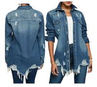 Generisch Giacca di jeans da donna a maniche lunghe, in denim strappato, stile retrò, oversize, per le mezze stagioni, Cut Out, per il tempo libero, con bottoni, jeans, giacca Hip Hop Boyfriend