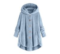 Generisch Giacca di peluche da donna, casual, in pile, invernale, calda, con cappuccio, con cappuccio, in pile Teddy, soffice, cappotto invernale lungo, tinta unita, con tasche, Azzurro, 120