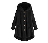 Generisch Giacca di peluche da donna, casual, in pile, invernale, calda, con cappuccio, con cappuccio, in pile Teddy, soffice, cappotto invernale lungo, tinta unita, con tasche, Nero , 170